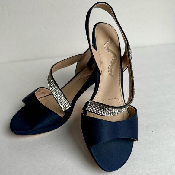 Nina Navy Blue Satin Asymmetrical Rhinestone Shoes Homecoming Sandals Heels Sz 8 - Picture 2 of 9